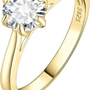 JewelryPalace Classic 0.5-2ct Round Cut Moissanite Solitaire Engagement Rings for Women, 14K White Yellow Rose Gold Plated 925 Sterling Silver Promise Ring, Simulated Diamond Anniversary Rings D-F VVS