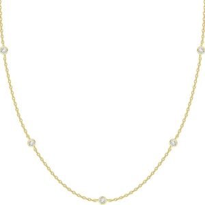 PAVOI 14K Gold Plated Station Necklace – Simulated Diamond Layering Necklaces – Womens CZ Chain