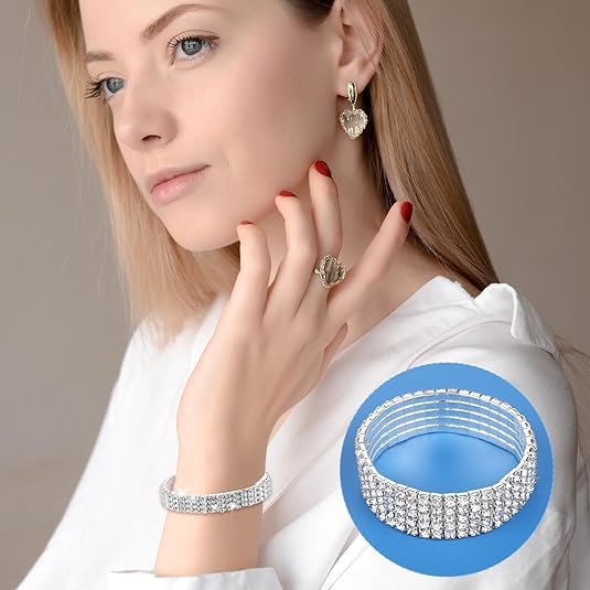 7 PCS Rhinestone Bracelet Set for Women, Silver Bling Bracelets Fake Diamond Cubic Zirconia Sparkly Bracelet for Bridal Wedding Party, Birthday Party, Sparkly Rhinestone Jewelry - Image 6