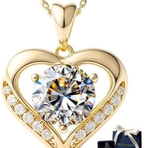 Moissanite Necklace for Women – 14k Gold Heart Necklaces – Moissanite Pendant 2 – 3 Carat – Christmas Gifts for Women – Jewelry Gift for Anniversary, Girlfriend Birthday – Jewelry for Wife from Husband