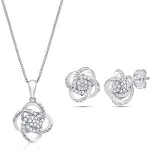 MAX + STONE 1/4 Carat Natural Diamond Love Knot Stud Earrings and Pendant Necklace for Women | Hypoallergenic 925 Sterling Silver Diamond Love Knot Jewelry Sets with 18 Inches Chain and Gift Box