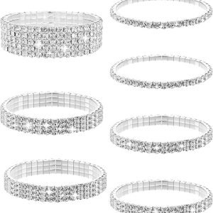 7 PCS Rhinestone Bracelet Set for Women, Silver Bling Bracelets Fake Diamond Cubic Zirconia Sparkly Bracelet for Bridal Wedding Party, Birthday Party, Sparkly Rhinestone Jewelry