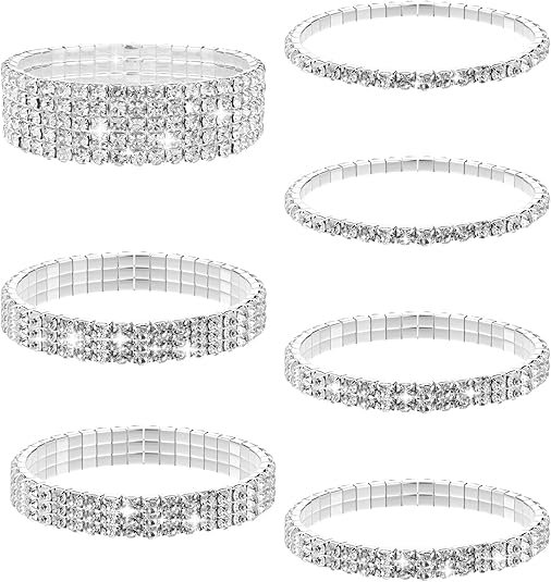 7 PCS Rhinestone Bracelet Set for Women, Silver Bling Bracelets Fake Diamond Cubic Zirconia Sparkly Bracelet for Bridal Wedding Party, Birthday Party, Sparkly Rhinestone Jewelry