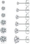 6 Pairs Stud Earrings Set, Hypoallergenic Cubic Zirconia 316L Earrings Stainless Steel CZ Earrings 3-8mm (Steel color)