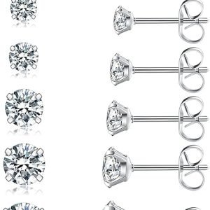 6 Pairs Stud Earrings Set, Hypoallergenic Cubic Zirconia 316L Earrings Stainless Steel CZ Earrings 3-8mm (Steel color)