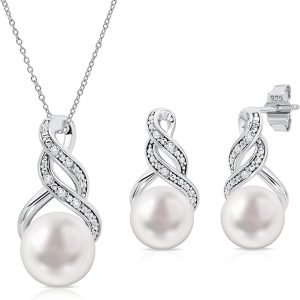 Real Diamond Sterling Silver Pearl Necklace and Earring Set | Hypoallergenic Real Cultured Freshwater Pearl Jewelry Set with 18 Inch Silver Chain | Diamond Bridal Bridesmaid Set for Women with Gift Box by MAX + STONE