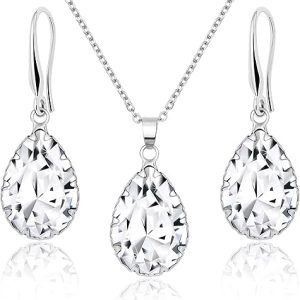 Linawe Crystal Jewelry Sets for Women, Imitation Diamond Pendant Necklace, Rhinestone Drop Dangle Earrings, Birthstone Cubic Zirconia Matching Wedding Jewelry, 14K Gold/Rose Gold/Silver Tones