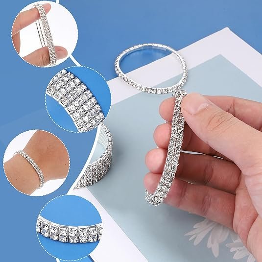 7 PCS Rhinestone Bracelet Set for Women, Silver Bling Bracelets Fake Diamond Cubic Zirconia Sparkly Bracelet for Bridal Wedding Party, Birthday Party, Sparkly Rhinestone Jewelry - Image 3