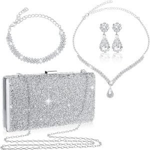 Mixweer 4 Pieces Clutch Purses Bag for Women Evening Rhinestone Jewelry Set Bling Necklace Earrings Bracelets Set for Wedding