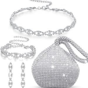 MTLEE 4 Pieces Rhinestone Necklace Choker Bracelet Earring Clutch Purses Jewelry Set Women Crystal Triangle Bling Diamond Purse Rhinestone Bag for Wedding Party